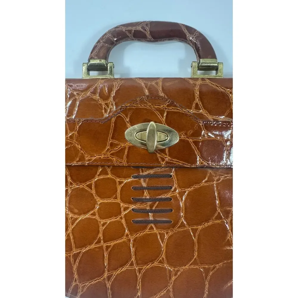 VTG Andrew Geller Handbag Croc Embossed Leather Brown Handbag Brass